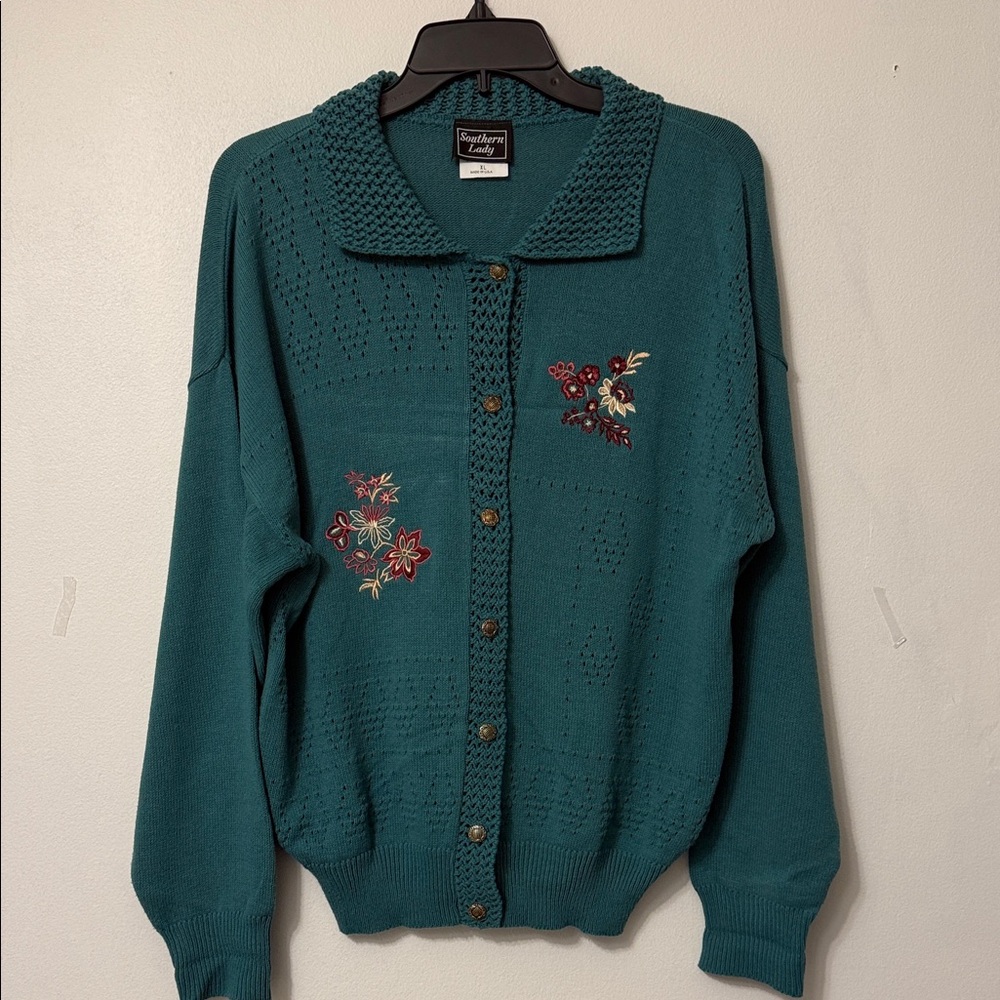 Southern Lady Teal Cardigan with Floral Embroidery